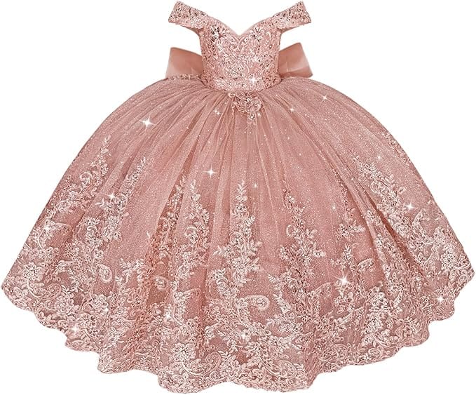 Dusty Pink / 18m Sunnypetal Off Shoulder Sweetheart Lace Tulle Flower Girl Pageant Dress with Bow