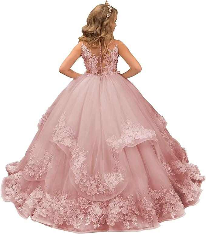 Dusty Pink / 18m Sunnypetal Pink Lace Appliques Floral Flower Girl Dresses Birthday Party Princess Dresss