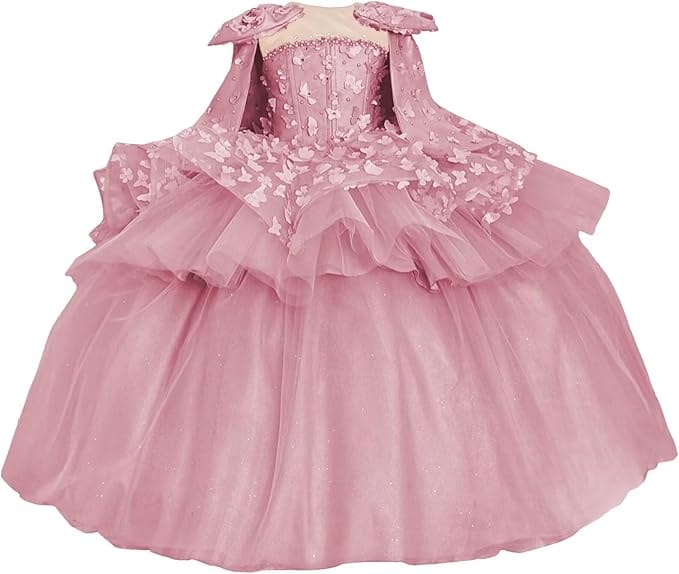 Dusty Pink / 18m Sunnypetal Princess Pink Tulle Ball Gown Flower Girl Dress with Butterfly Appliqués and Cape