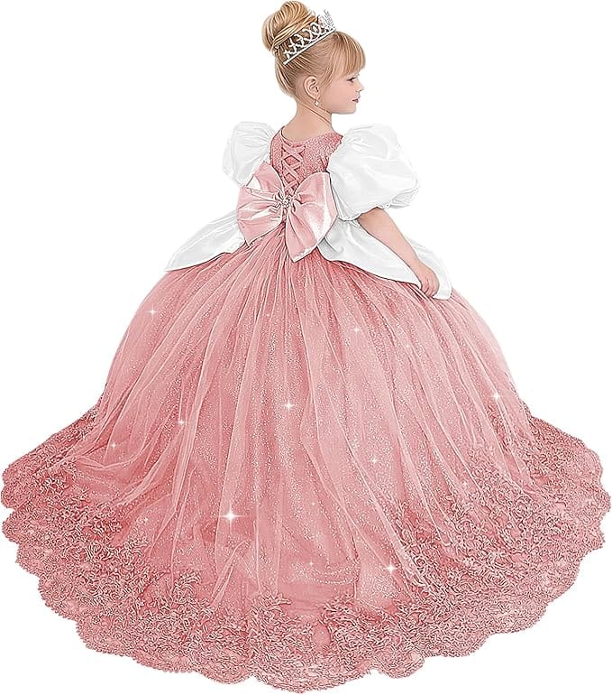 Dusty Pink / 18m Sunnypetal Princess Sky Blue Tulle Lace Flower Girl Dress with Bow and Puff Sleeves