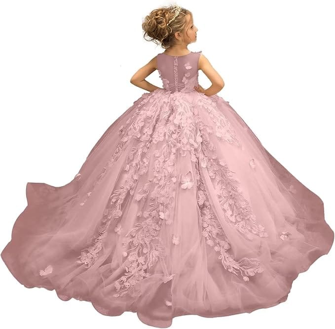 Dusty Pink / 18m Sunnypetal Puffy Tulle Flower Girl Dress Appliques 3D Butterfly Pageant Party Princess Dresses