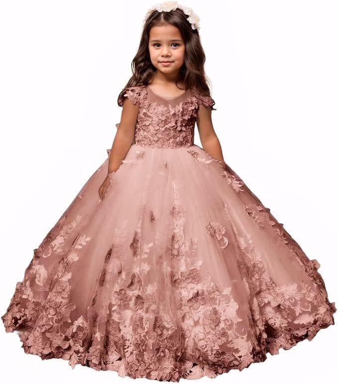 Dusty Pink / 18m Sunnypetal Romantic Blush Floral Lace Tulle Flower Girl Ball Gown