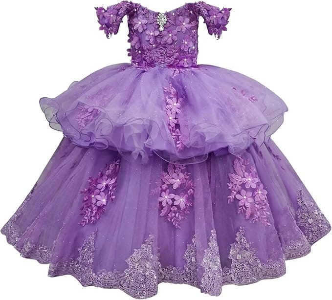 Dusty Purple / 18m Sunnypetal Elegant Off-Shoulder Tulle Ball Gown Flower Girl Dress with 3D Floral Appliqués