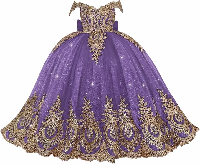 Dusty Purple / 18m Sunnypetal Exquisite Gold Appliqué Off-Shoulder Princess Flower Girl Dress with Bow