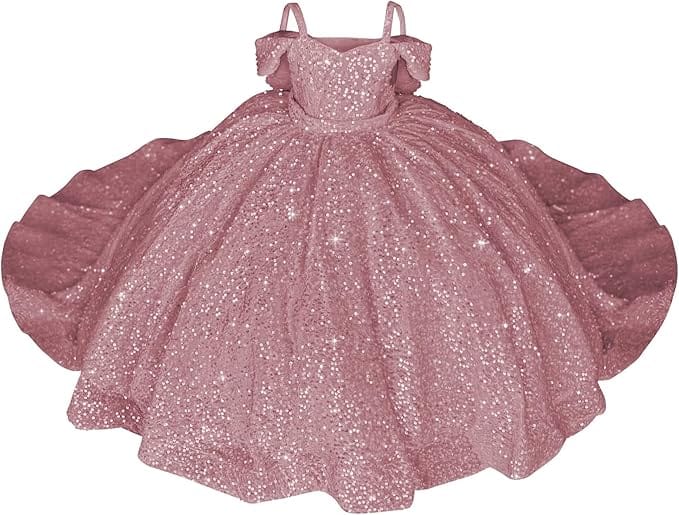 Dusty Rose / 18m Sparkly Off-Shoulder Sequin Flower Girl Pageant Dress Princess Ball Gown with Bow