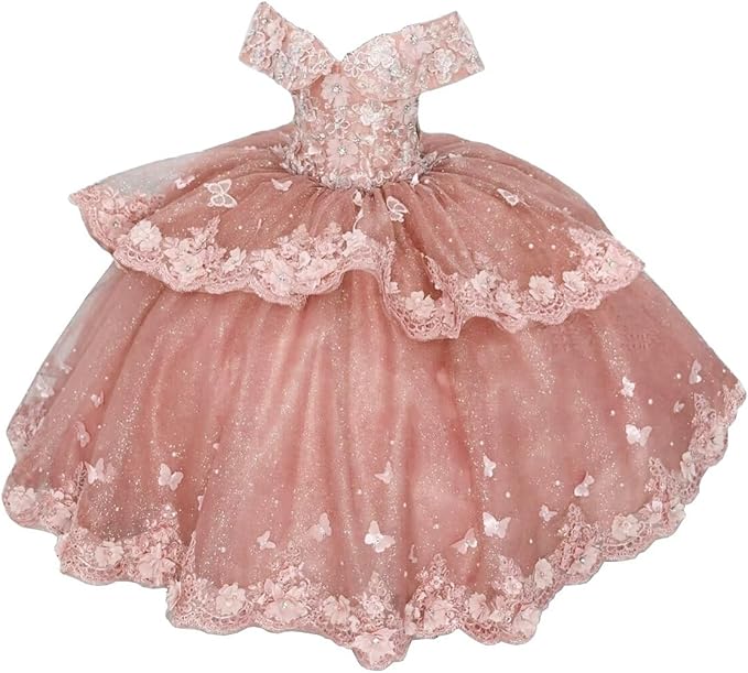 Dusty Rose / 18m Sunnypeta lEnchanted Blue Sweetheart Tulle Flower Girl Gown with Floral Appliqués
