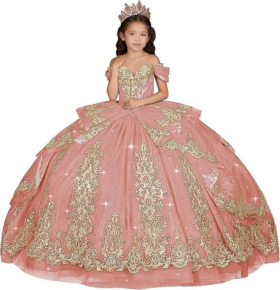 Dusty Rose / 18m Sunnypetal Elegant Gold Appliqué Off-Shoulder Flower Girl Dress with Tassel Details