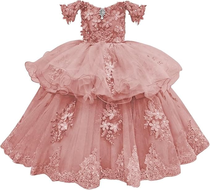 Dusty Rose / 18m Sunnypetal Elegant Off-Shoulder Tulle Ball Gown Flower Girl Dress with 3D Floral Appliqués