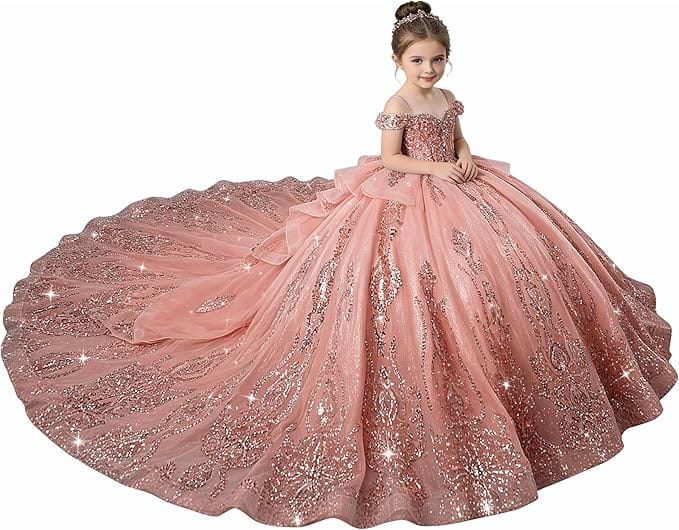 Dusty Rose / 18m Sunnypetal Enchanted Blue Off-Shoulder Flower Girl Princess Ball Gown with Sparkling Appliqués