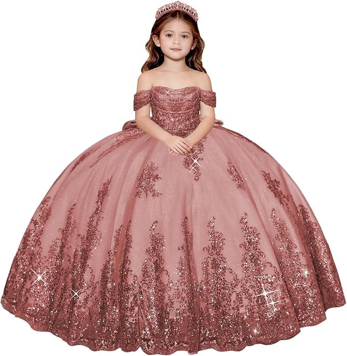 Dusty Rose / 18m Sunnypetal Enchanted Off-Shoulder Tulle Ball Gown Flower Girl Dress with Lace Appliqués