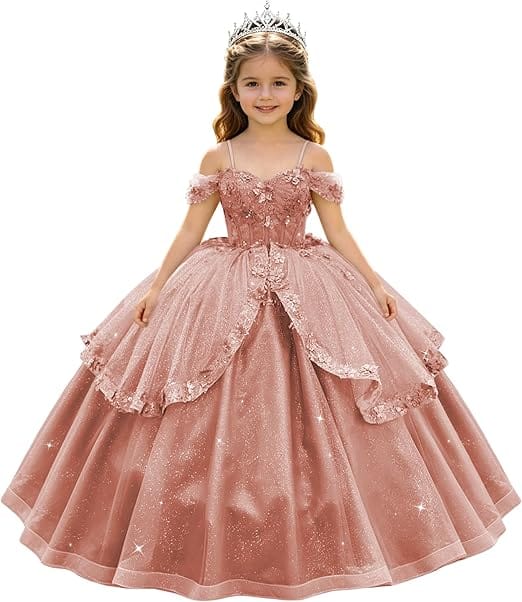 Dusty Rose / 18m SunnyPetal Enchanted Sage Green Off-Shoulder Lace Appliqué Tulle Flower Girl Gown