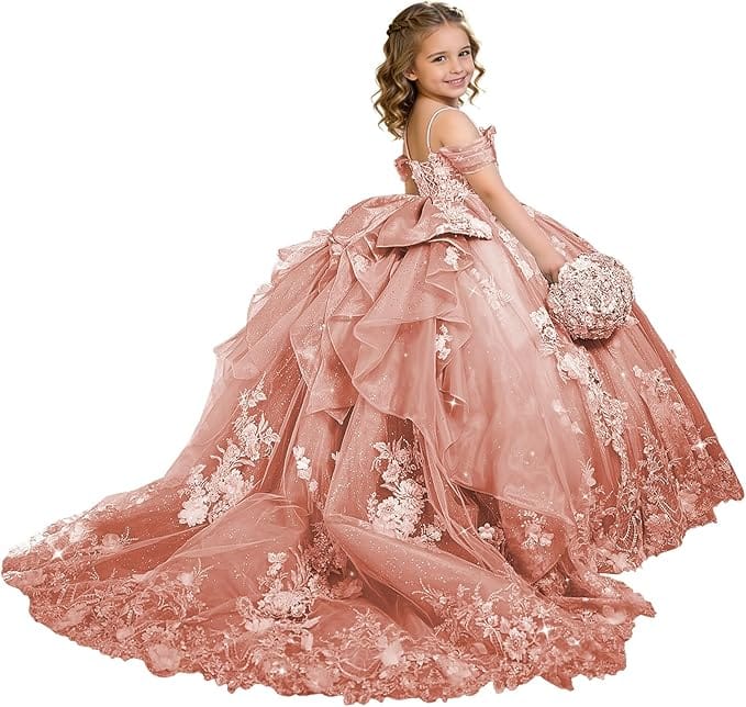 Dusty Rose / 18m Sunnypetal Exquisite 3D Floral Lace Applique Ruffle Tulle Flower Girl Ball Gown with Bow