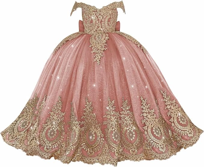 Dusty Rose / 18m Sunnypetal Exquisite Gold Appliqué Off-Shoulder Princess Flower Girl Dress with Bow