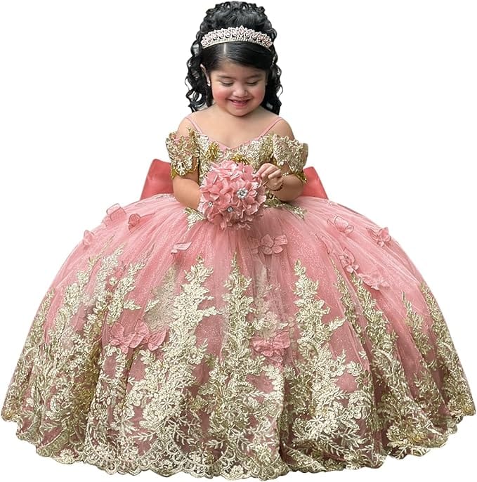 Dusty Rose / 18m Sunnypetal Gorgeous Gold Appliqués Tulle Flower Girl Ball Gown with Bow and 3D Butterflies