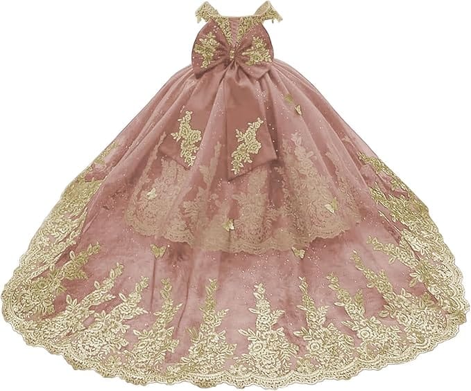 Dusty Rose / 18m Sunnypetal Gorgeous Off-Shoulder Sweetheart Tulle Flower Girl Dress with Gold Embroidery