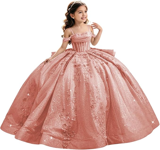Dusty Rose / 18m Sunnypetal Luxury Glitter Tulle Off-Shoulder Ball Gown Flower Girl Dress with Train