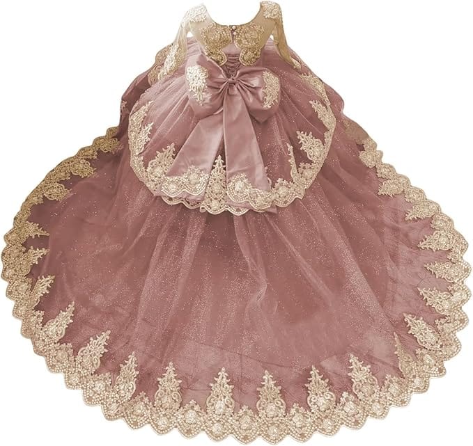 Dusty Rose / 18m Sunnypetal Luxury Gold Lace Appliqué Tulle Ball Gown Flower Girl Dress with Royal Train