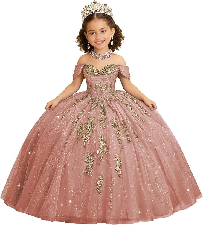 Dusty Rose / 18m Sunnypetal Luxury Off-Shoulder Gold Lace Applique Princess Flower Girl Ball Gown Dress