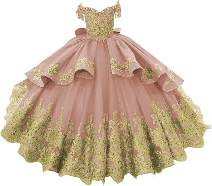 Dusty Rose / 18m Sunnypetal Luxury Royal Blue Off-Shoulder Ball Gown Flower Girl Dress with Gold Embroidery