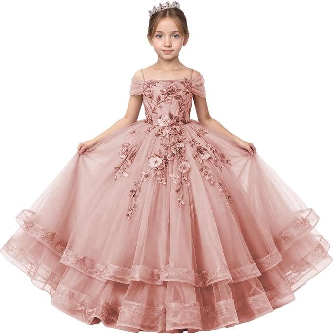 Dusty Rose / 18m Sunnypetal Off-Shoulder Floral Appliqué Tulle Flower Girl Dress for Special Occasions