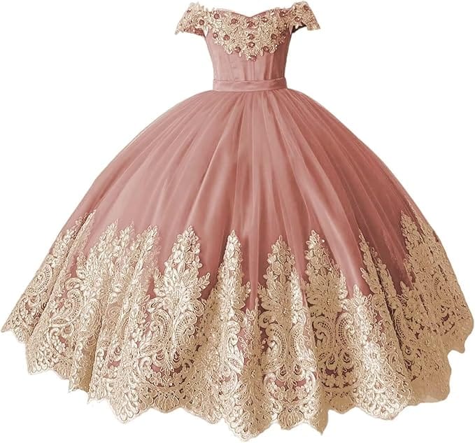 Dusty Rose / 18m Sunnypetal Off-Shoulder Gold Lace Beaded Puffy Tulle Flower Girl Gown for Special Occasions