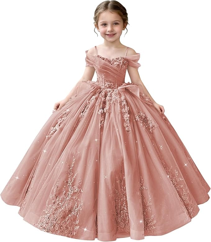 Dusty Rose / 18m Sunnypetal Off-Shoulderl 3D Lace Appliqué Tiered Ruffle Flower Girl Dress for Pageant