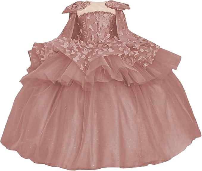 Dusty Rose / 18m Sunnypetal Princess Pink Tulle Ball Gown Flower Girl Dress with Butterfly Appliqués and Cape