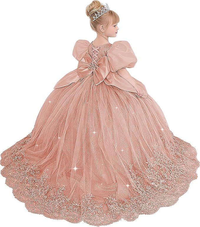 Dusty Rose / 18m Sunnypetal Princess Sky Blue Tulle Lace Flower Girl Dress with Bow and Puff Sleeves
