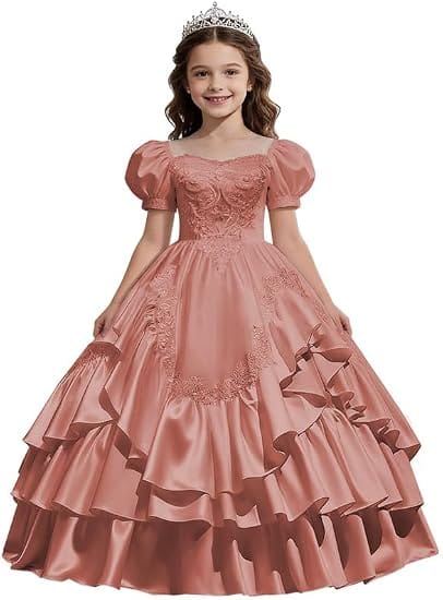 Dusty Rose / 18m Sunnypetal Satin Sweetheart Neck Puffy Sleeve Lace Applique Princess Flower Girl Dress
