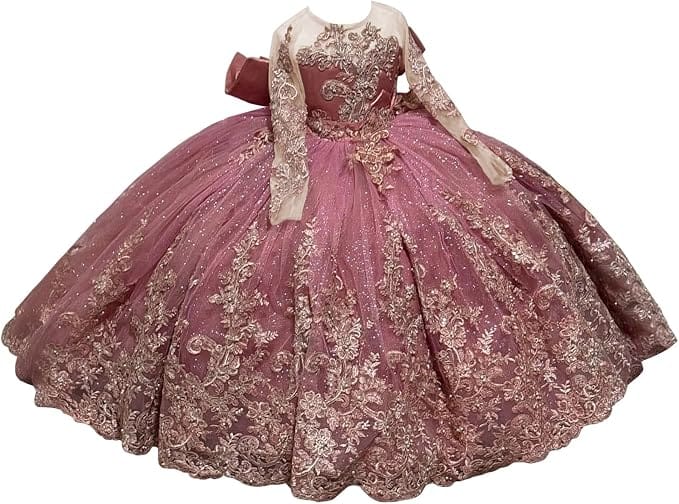 Dusty Rose / 18m Sunnypetal Sparkling Long Sleeve Lace Tulle Flower Girl Dress with Glitter Appliqué &amp; Bow