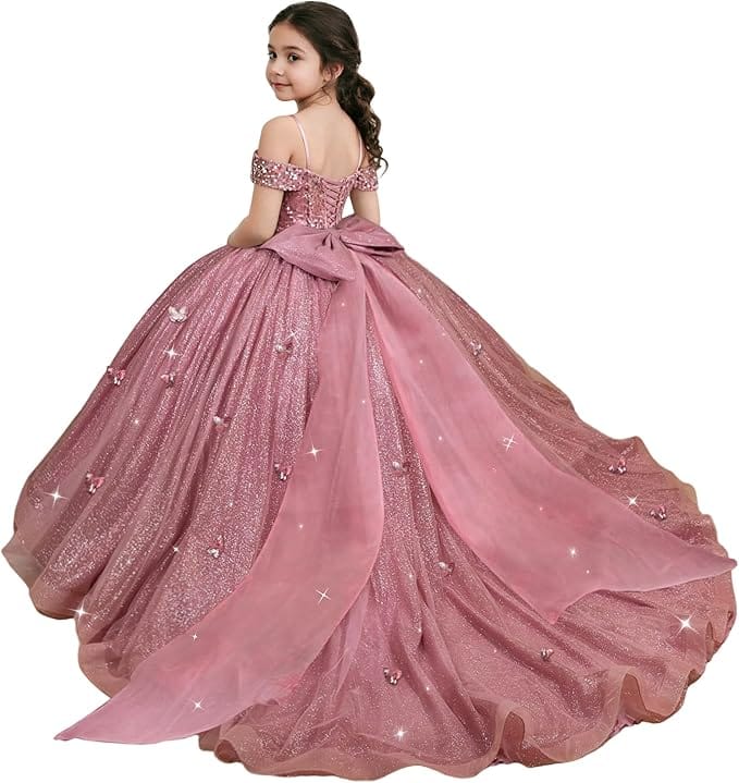 Dusty Rose / 18m Sunnypetal Sparkling Off-Shoulder Glitter Tulle Flower Girl Dress with Oversized Bow