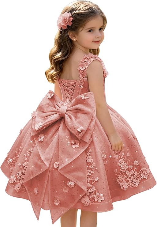 Dusty Rose / 3m Sunnypetal Sweetheart 3D Floral Lace Appliqué Short Flower Girl Dress witn Bow
