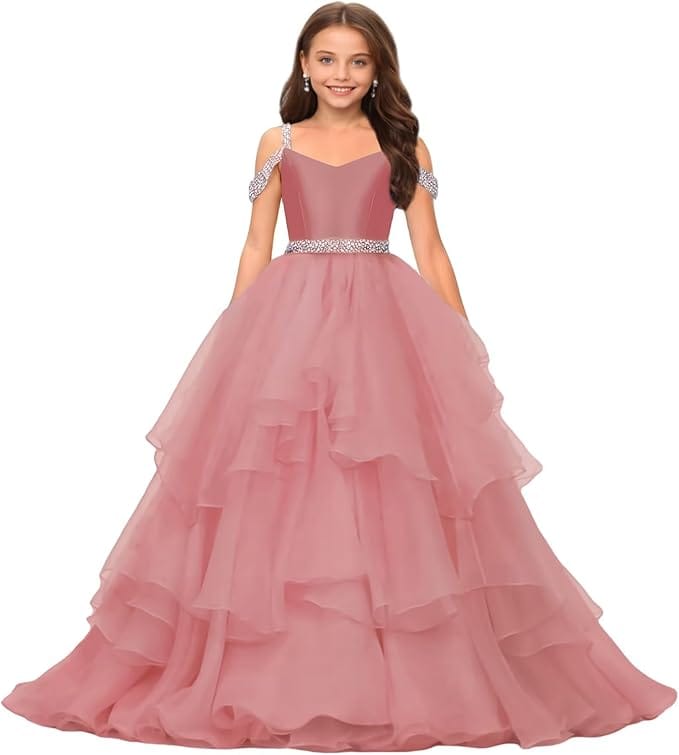 Dusty Rose / 9m Sunnypetal Off-Shoulder Sweetheart Puffy Tulle Flower Girl Dress with Beaded Details