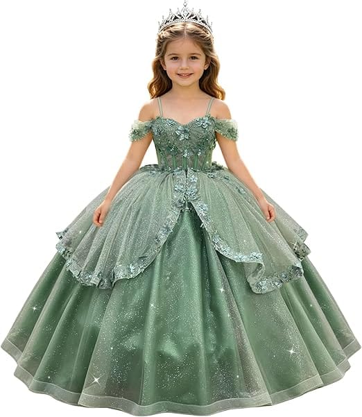 Dusty Sage / 18m SunnyPetal Enchanted Sage Green Off-Shoulder Lace Appliqué Tulle Flower Girl Gown