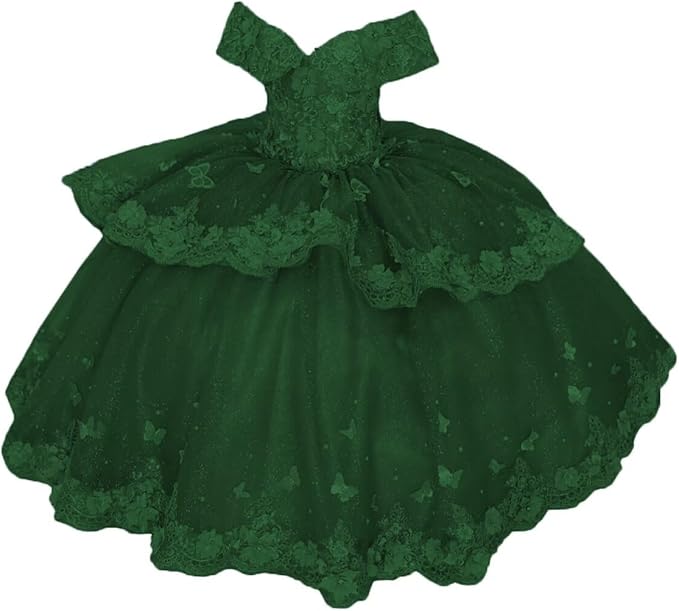 Emerald Green / 18m Sunnypeta lEnchanted Blue Sweetheart Tulle Flower Girl Gown with Floral Appliqués