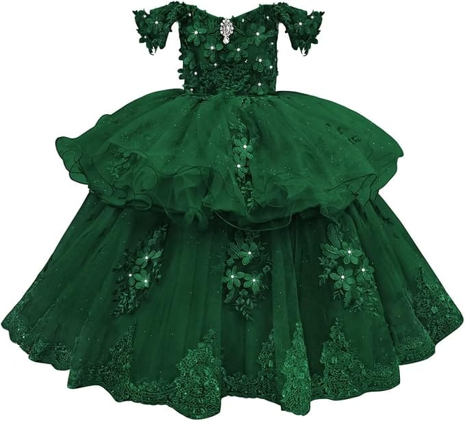 Emerald Green / 18m Sunnypetal Elegant Off-Shoulder Tulle Ball Gown Flower Girl Dress with 3D Floral Appliqués