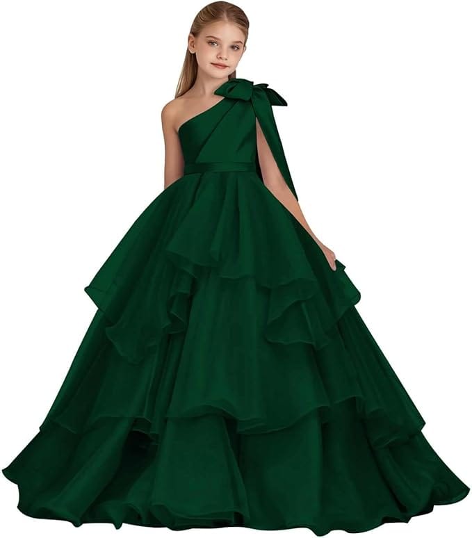 Emerald Green / 18m Sunnypetal Elegant One-Shoulder Satin Tulle Flower Girl Pageant Dress for Special Occasions