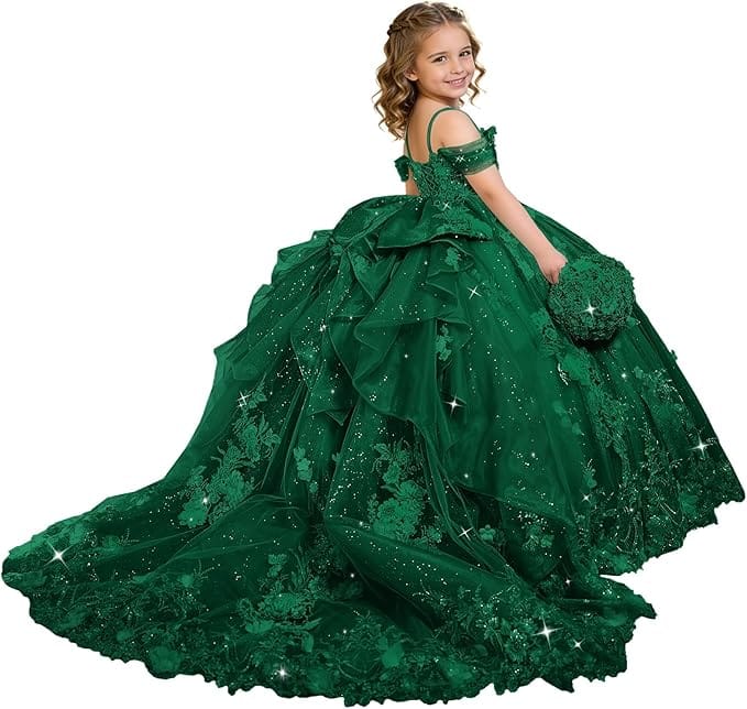 Emerald Green / 18m Sunnypetal Exquisite 3D Floral Lace Applique Ruffle Tulle Flower Girl Ball Gown with Bow