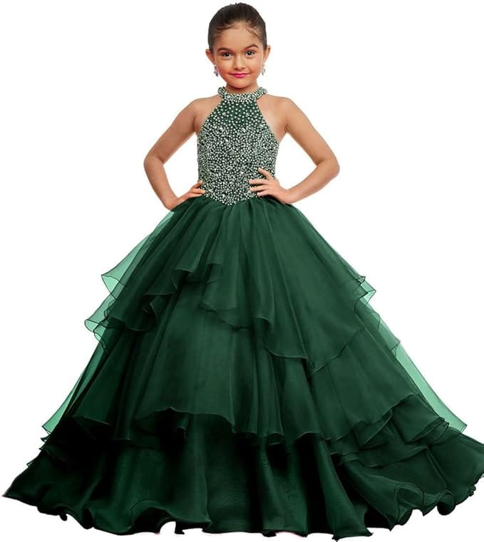 Emerald Green / 18m Sunnypetal Layered Organza Princess Ball Gown Flower Girl Dress for Pageant &amp; Party