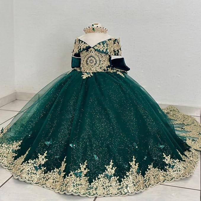 Emerald Green / 18m Sunnypetal Luxury Emerald Green Lace Appliqué Tulle Ball Gown Flower Girl Dress with Royal Train