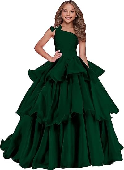 Emerald Green / 18m Sunnypetal Luxury One-Shoulder Puffy Organza Flower Girl Dress Princess Pageant Gown