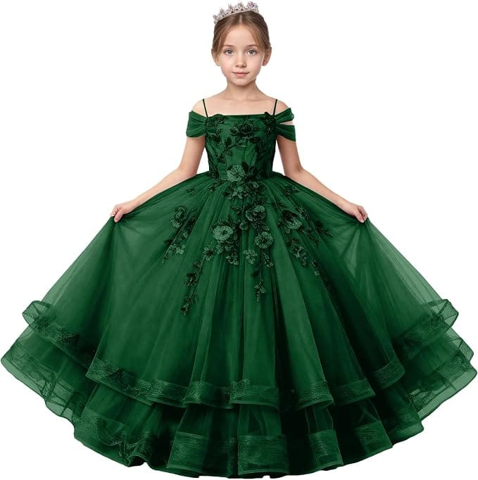 Emerald Green / 18m Sunnypetal Off-Shoulder Floral Appliqué Tulle Flower Girl Dress for Special Occasions