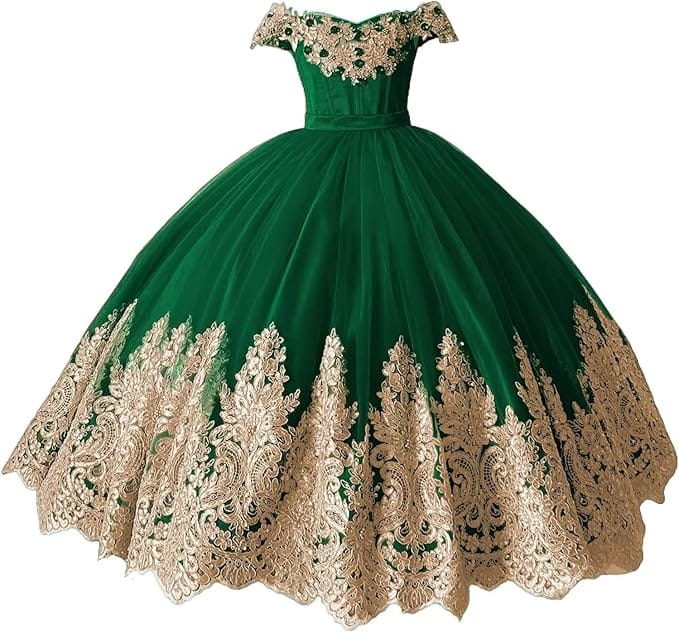 Emerald Green / 18m Sunnypetal Off-Shoulder Gold Lace Beaded Puffy Tulle Flower Girl Gown for Special Occasions