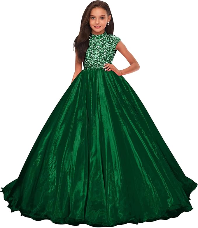 Emerald Green / 18m Sunnypetal Sparkling Hot Pink Ball Gown Flower Girl Dress with Rhinestones Beaded Bodice