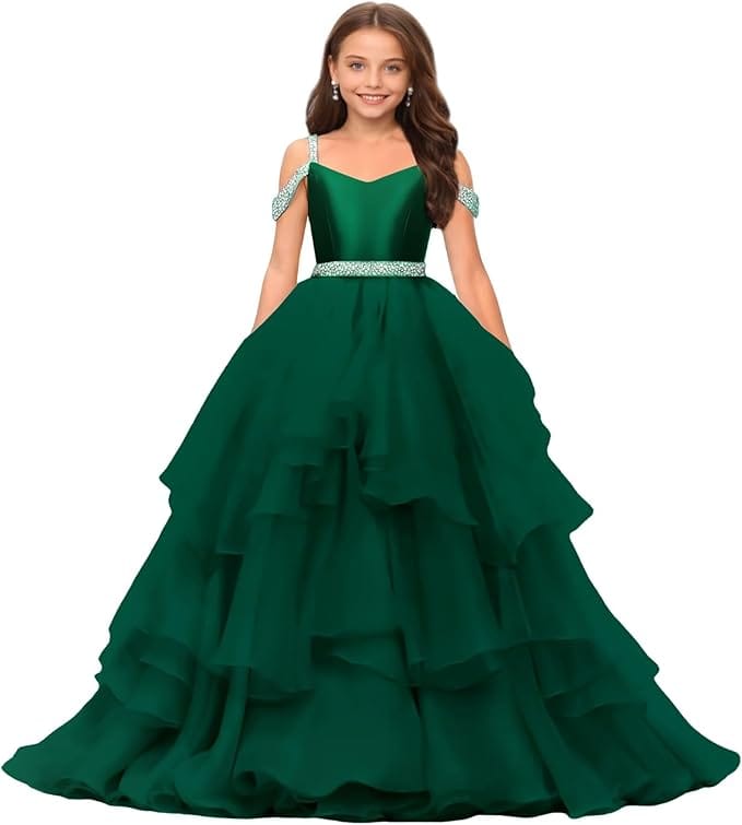 Emerald Green / 9m Sunnypetal Off-Shoulder Sweetheart Puffy Tulle Flower Girl Dress with Beaded Details