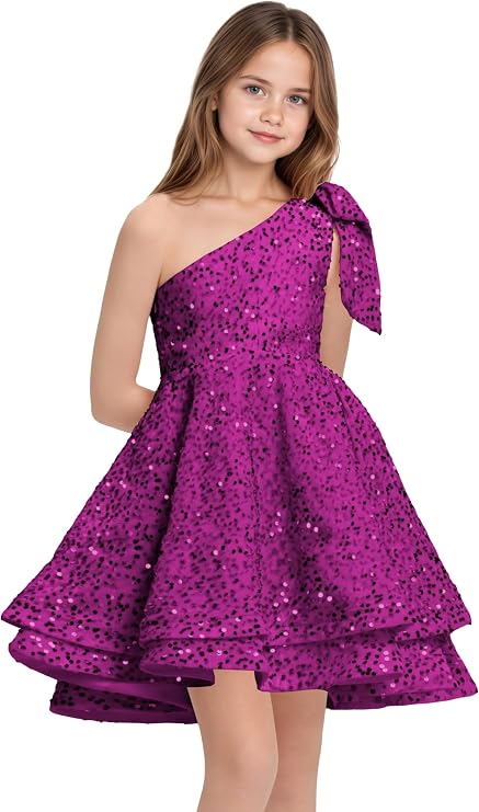 Fuchsia / 12m Sunnypetal Sparkly One-Shoulder Sequin Princess Flower Girl Dress with Bow