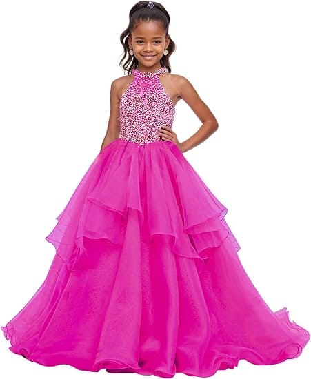 Fuchsia / 18m Sunnypetal Sparkling High Neck Ball Gown Flower Girl Dress with Beaded Bodice