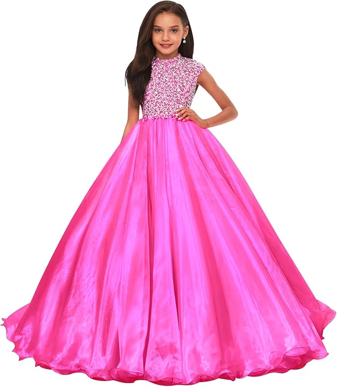 Fuchsia / 18m Sunnypetal Sparkling Hot Pink Ball Gown Flower Girl Dress with Rhinestones Beaded Bodice