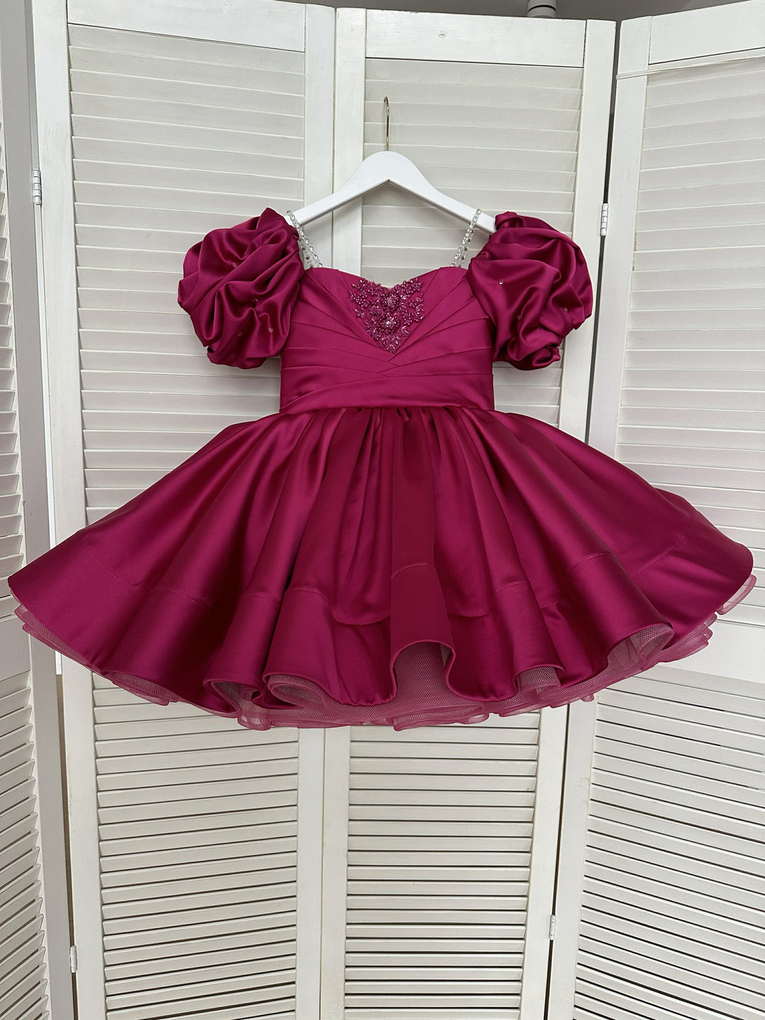 Fuchsia / 3m Sunnypetal Adorable Puff Sleeves Satin Flower Girl Dress Sage Green Knee-Length Ball-Gown for Kids