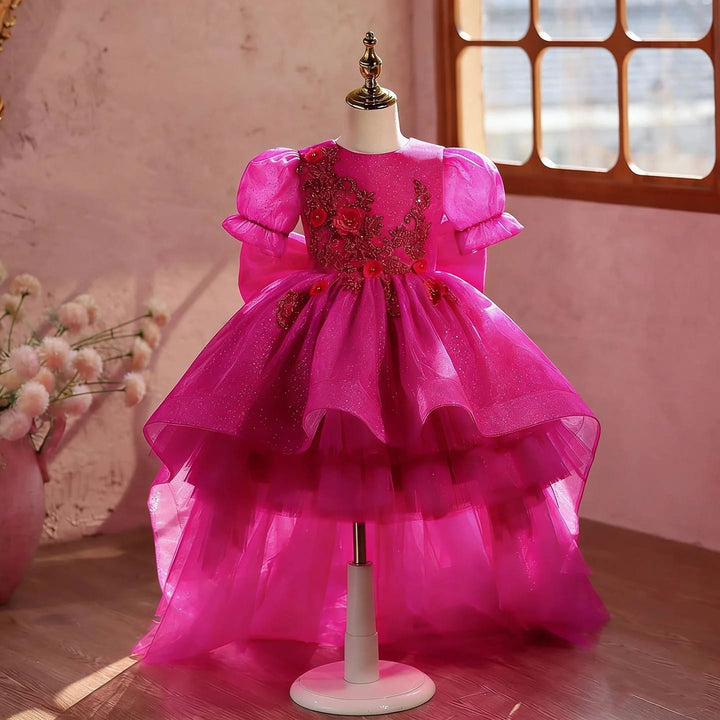 Fuchsia / 3m Sunnypetal Luxury Fuchsia Princess Flower Girl Dress with Big Bow &amp; Detachable Train